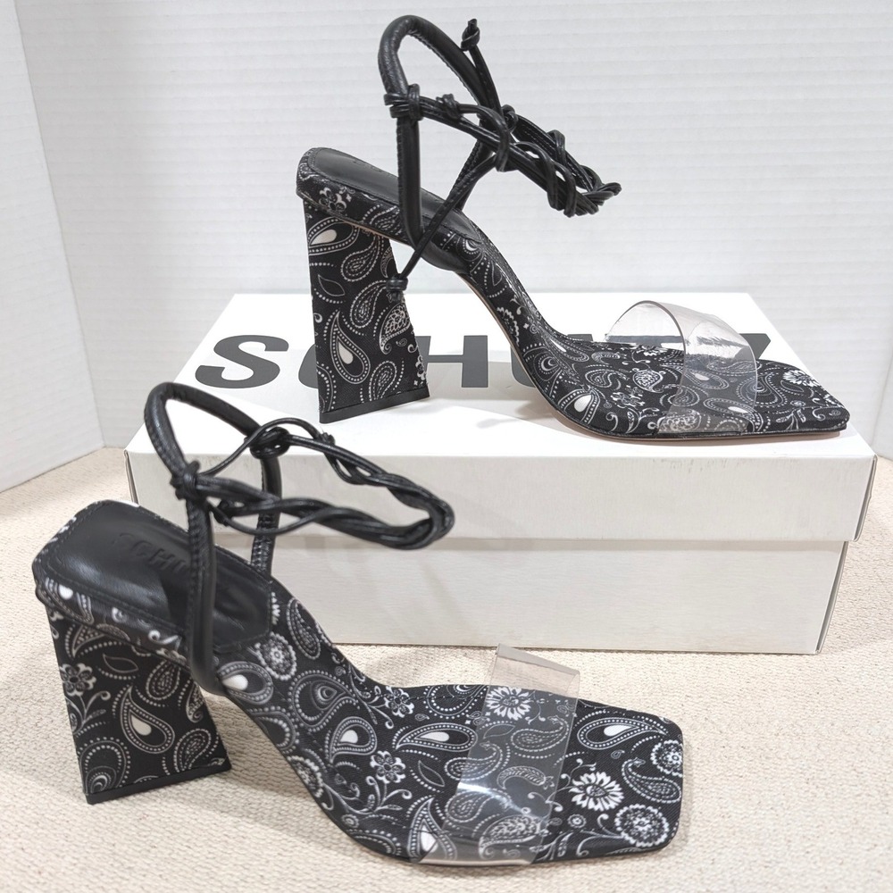 Schutz Black White Paisley Fabric Clear Strap Ankle Tie Block Heel Sandals 7.5B - Picture 5 of 11